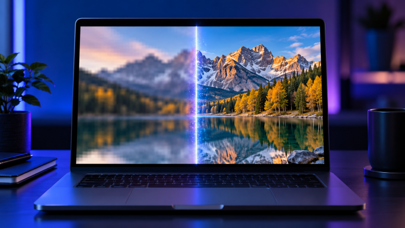 Comparación de una foto borrosa y otra mejorada con inteligencia artificial en una computadora portátil
