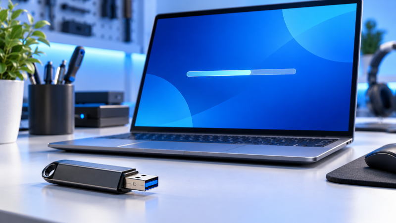 Pendrive junto a una computadora preparada para instalar Windows 11