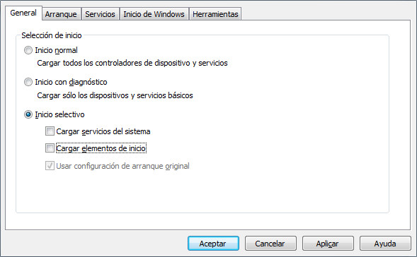 Iniciar arranque limpio de Windows msconfig