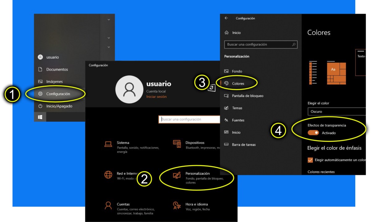 Desactivar efectos de Transparencia en Windows 10 Desactivar efectos de Transparencia en Windows 10